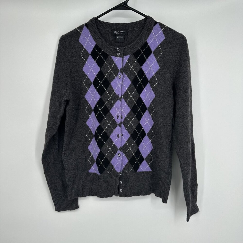 Lord & Taylor 100% Cashmere Women's Cardigan Button Down Purple Argyle size Smal